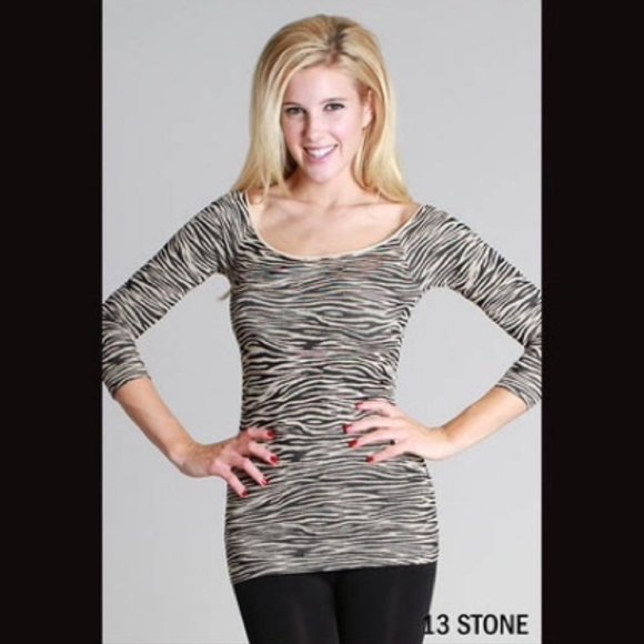 niki biki Tops - Zebra Striped Beige 3/4 Sleeve Top One Size